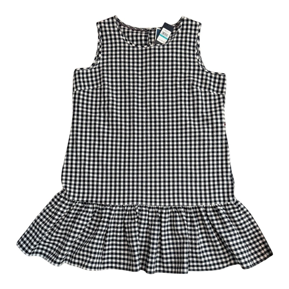 NWT Tommy Hilfiger Womens Gingham Ruffle Hem Shift Dress Black White 16 A5DN1C2K
